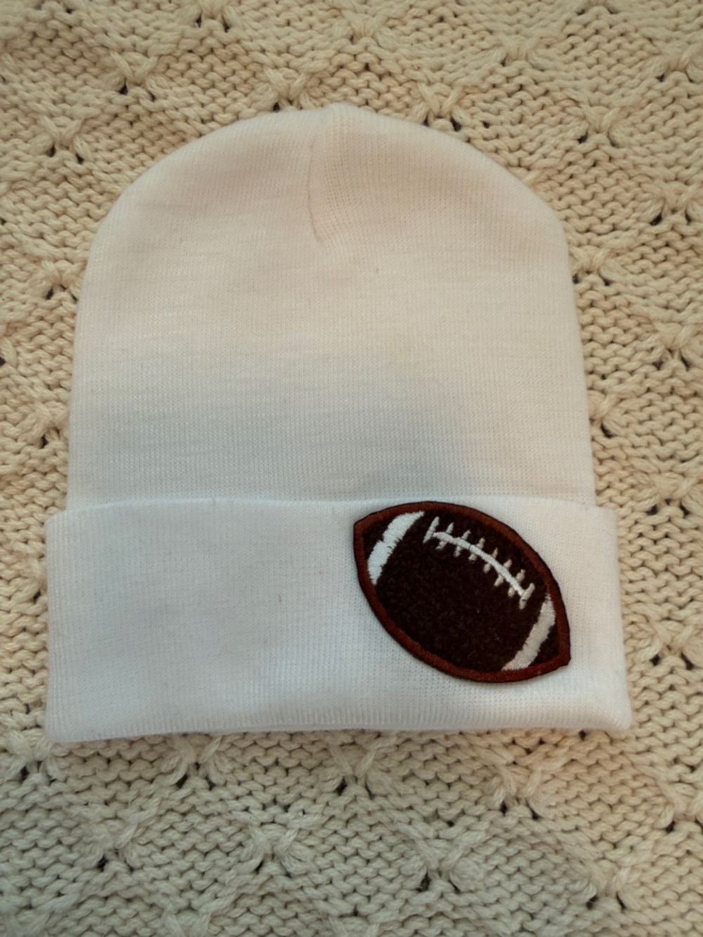 Newborn White Knit Beanie with Football Patch